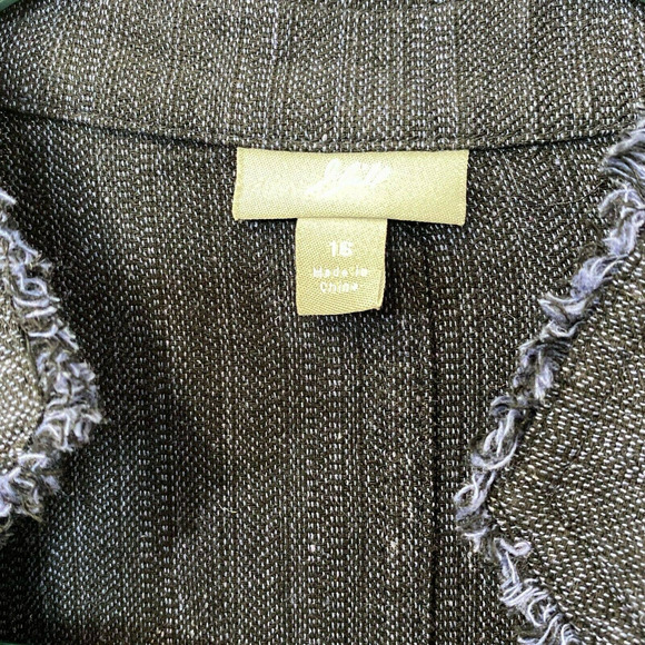 J Jill Blue Black Linen Rayon Lightweight "Fringe" Trim Blazer Career Sz 16‎ - Picture 3 of 5